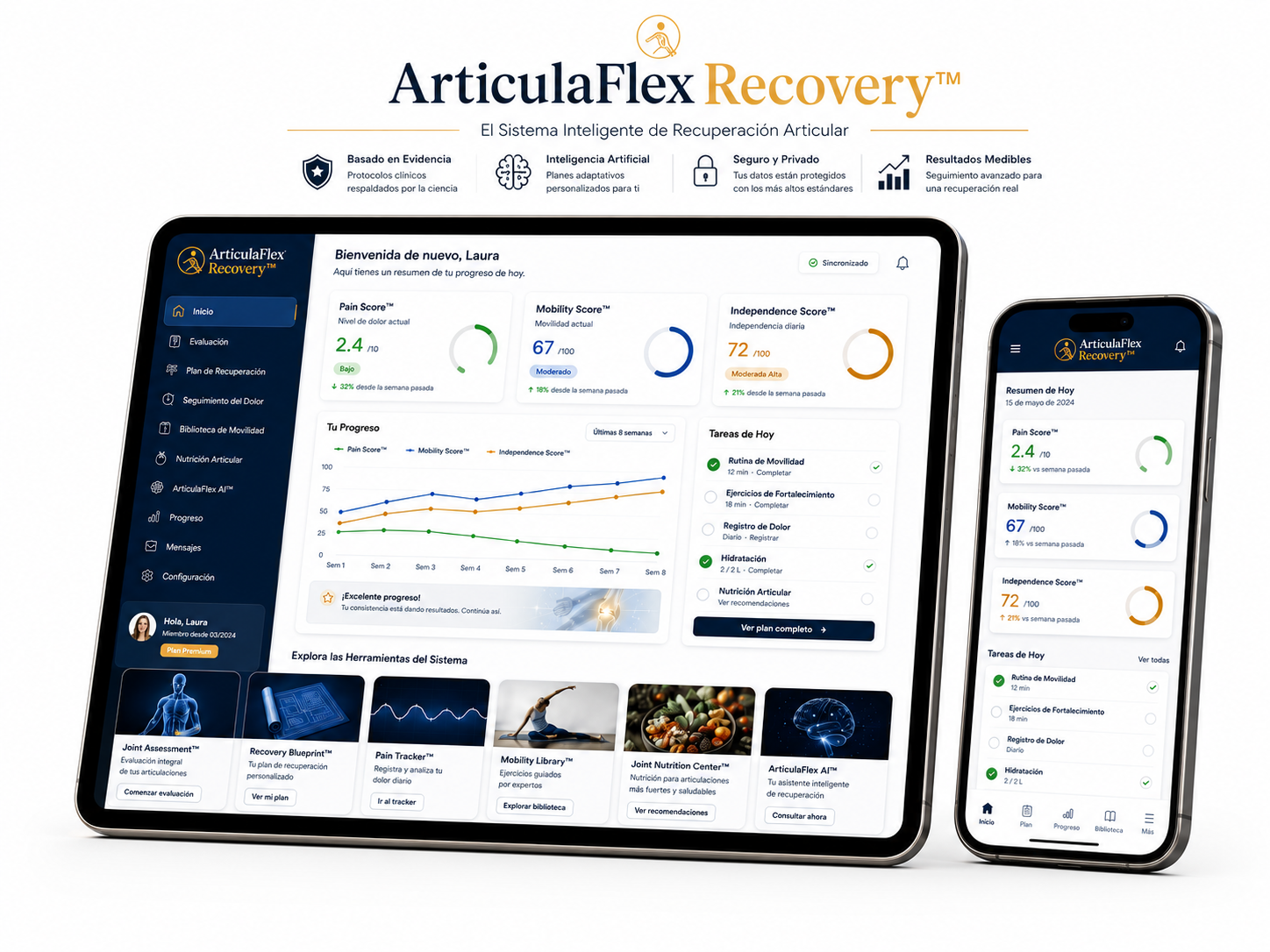 ArticulaFlex Recovery en tablet y celular